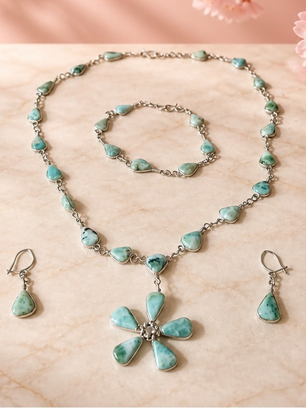 LARIMAR natural Larimar gemstone necklace, earrings and bracelet jewelry set